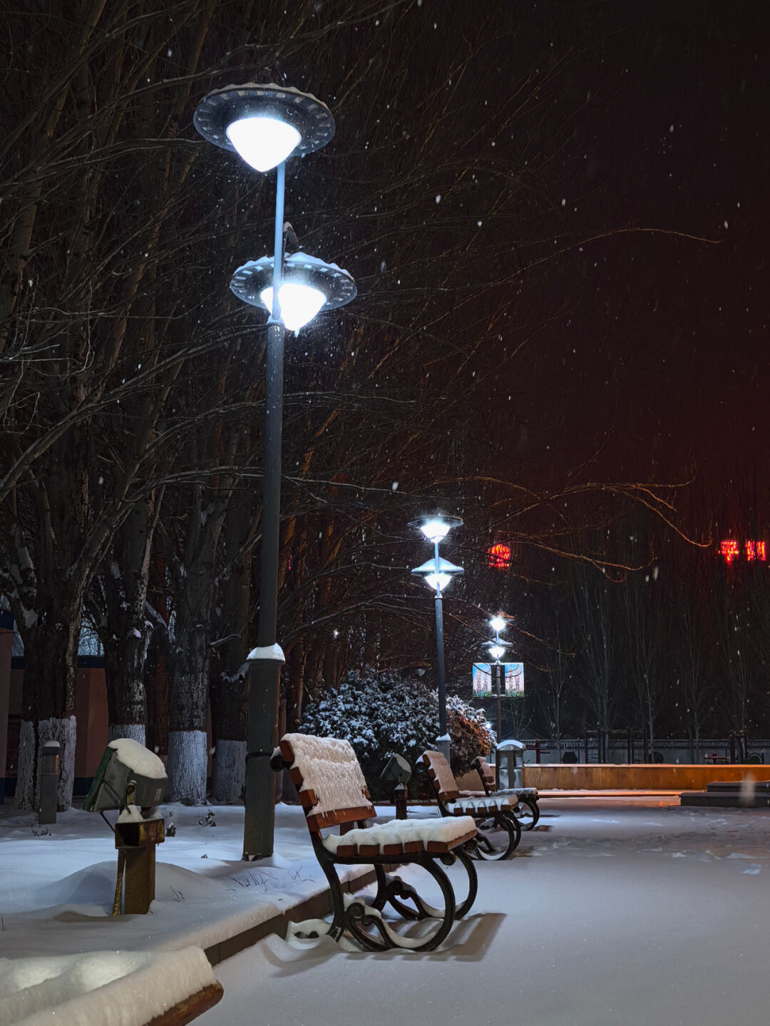 路灯下夜晚的积雪光辉映照